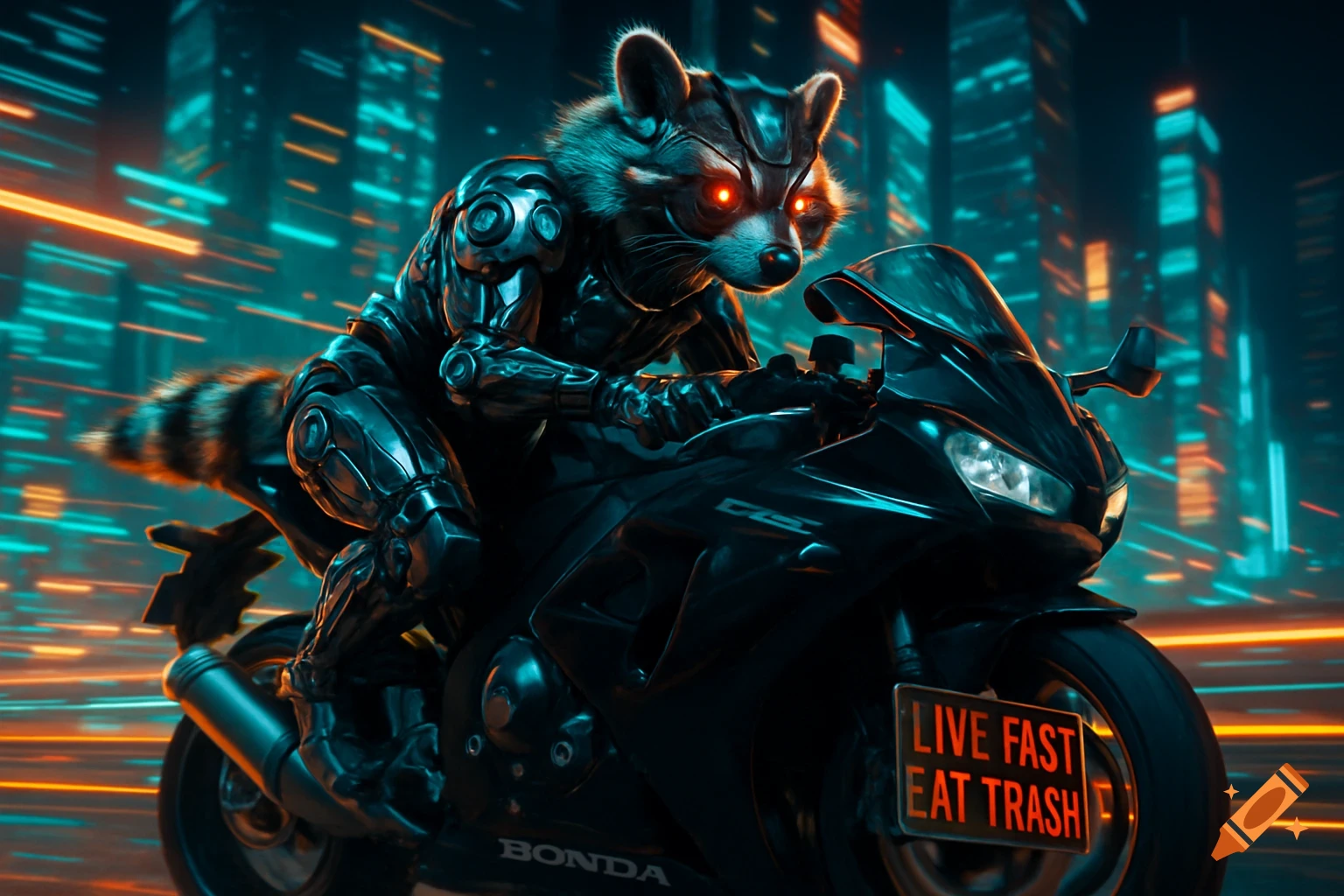 A cybernetically enhanced raccoon with glowing red eyes rides a black motorcycle on a futuristic city street at night, with a license plate reading 'LIVE FAST EAT TRASH'.