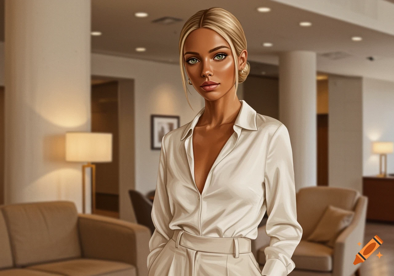 A stylized portrait of a woman with blonde hair and green eyes, wearing a silky ivory blouse and cream trousers in a modern hotel lobby.