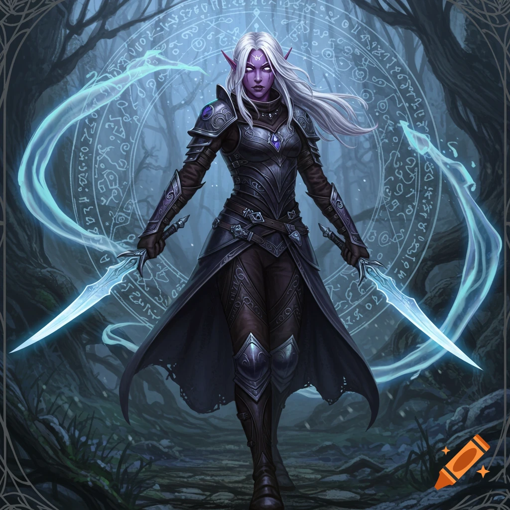 A female drow elf with white hair and purple skin in dark armor holds two glowing swords in a dark mystical forest with glowing runes.