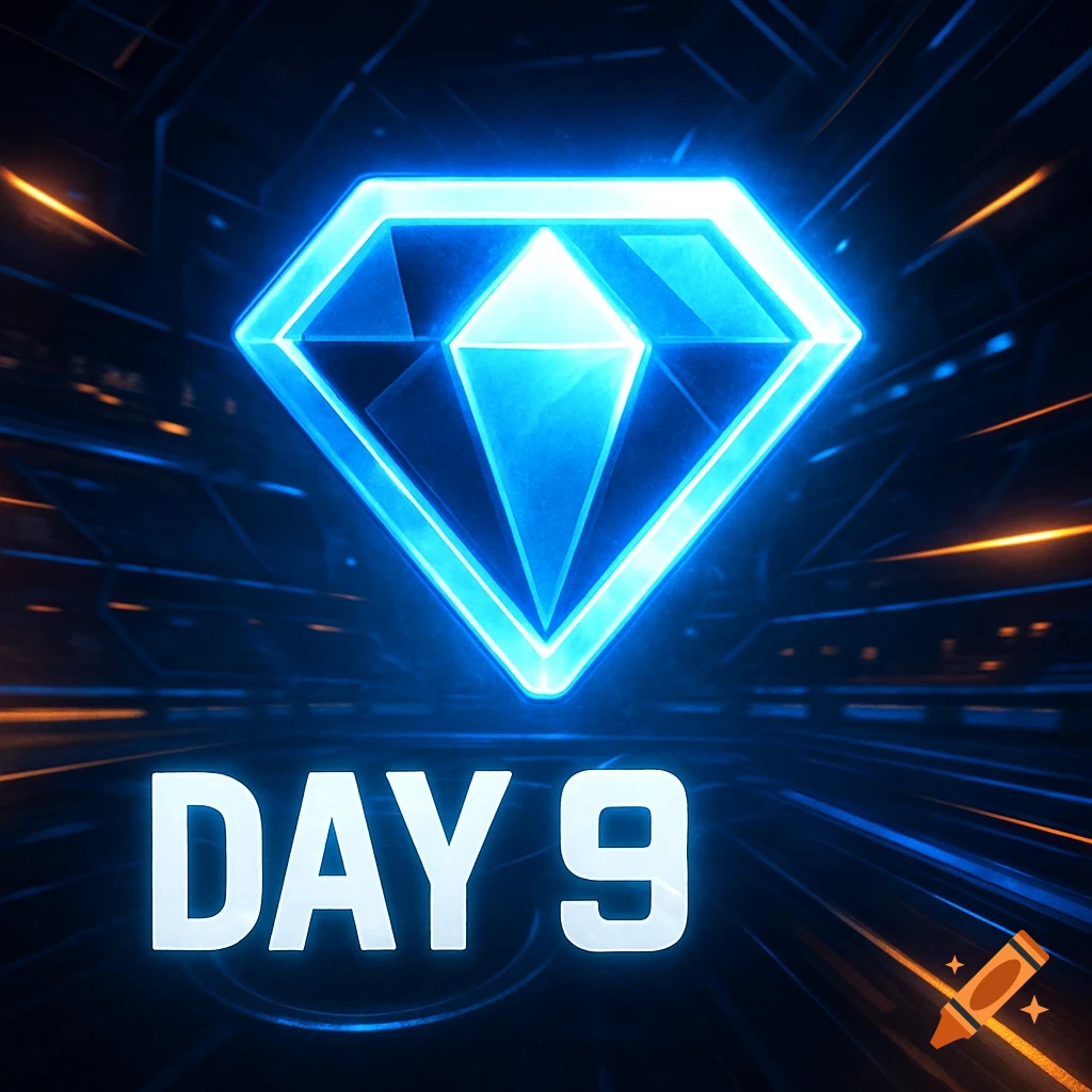 A glowing blue diamond icon above the text DAY 9 on a dark, futuristic background.