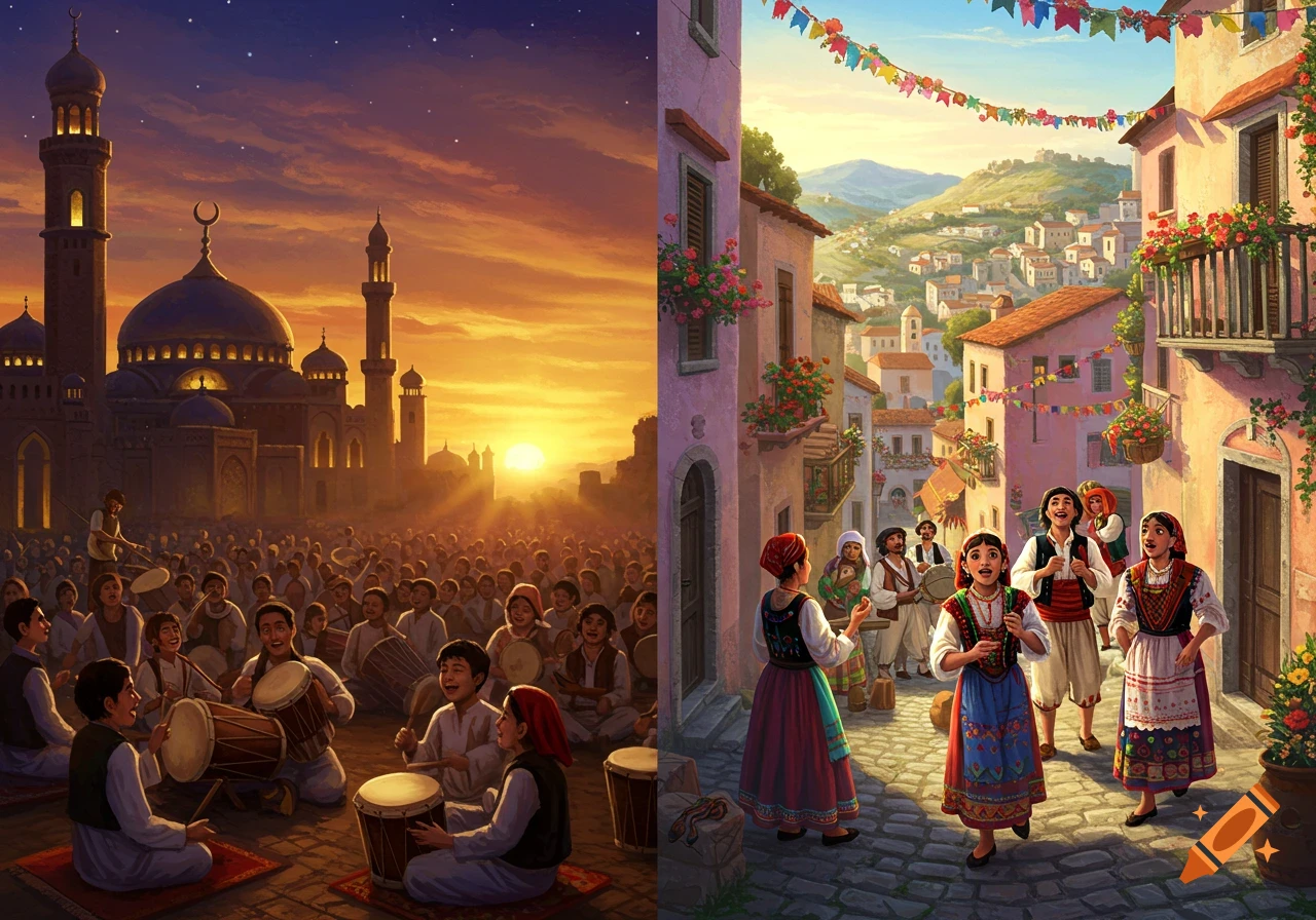 A split image depicting two vibrant cultural celebrations. On the left, a large crowd plays drums outside a mosque at sunset. On the right, people in traditional attire sing in a festive European village street.