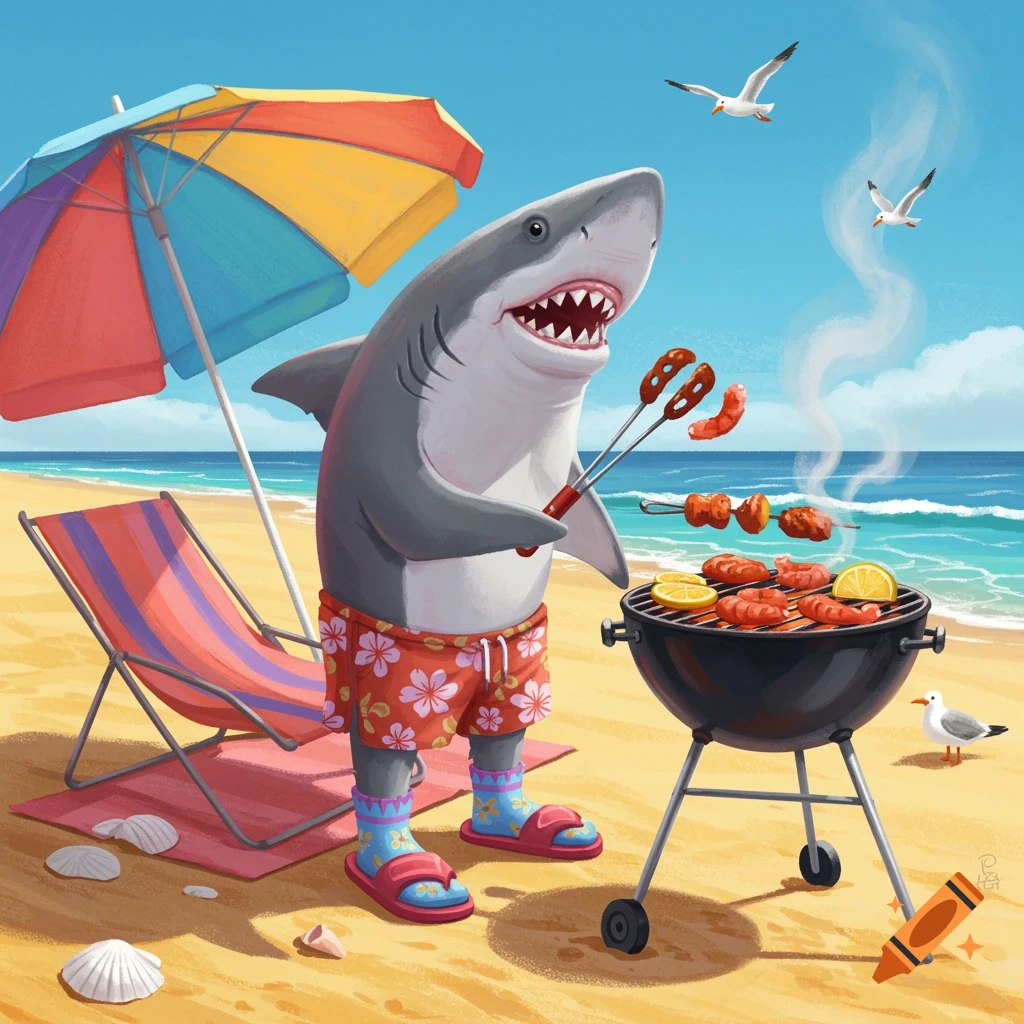 A funny cartoon shark wearing socks and sandals grills on a sunny beach with an umbrella and a beach chair. Seagulls fly overhead.