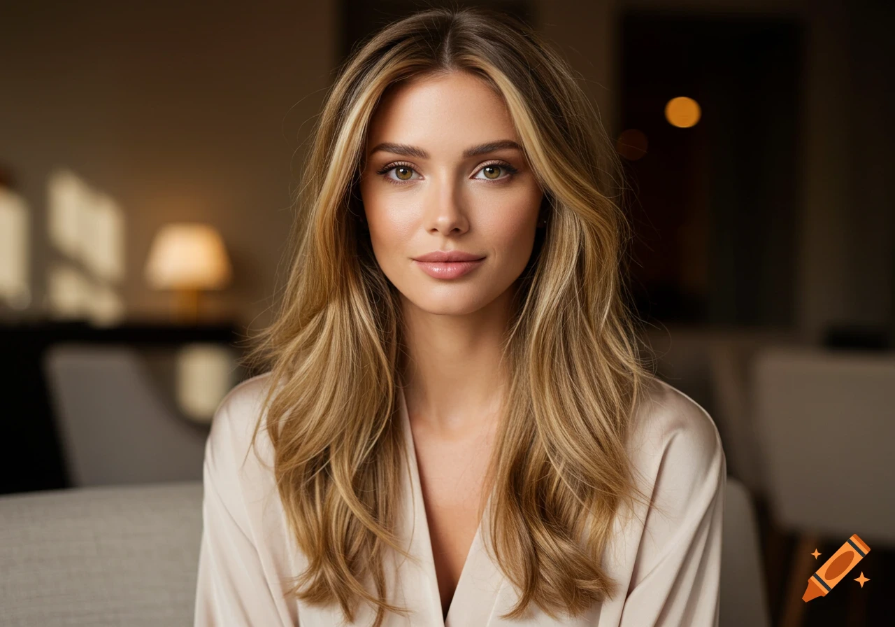 Photorealistic portrait of a beautiful woman with long blonde hair and green eyes, looking directly at the viewer.