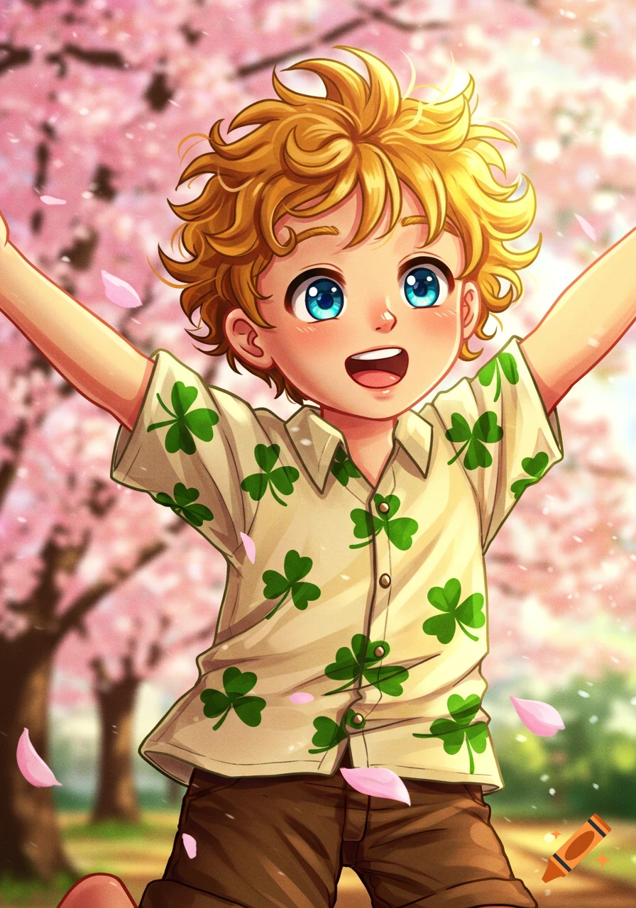 Anime boy with blonde curly hair and blue eyes, smiling with arms raised, wearing a clover shirt amidst falling cherry blossoms.