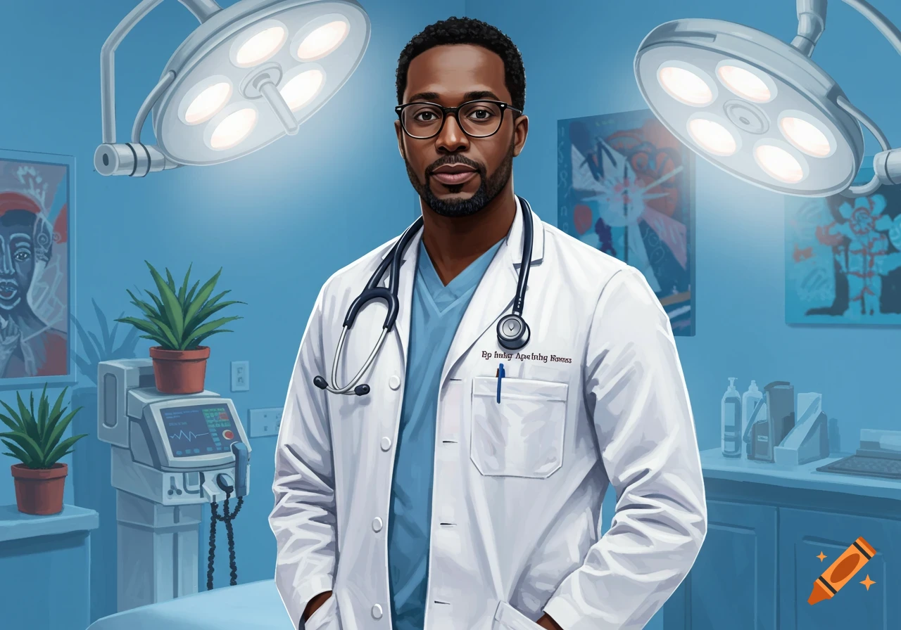 Portrait of a Black male doctor in a white lab coat and stethoscope in a medical room with bright surgical lights.