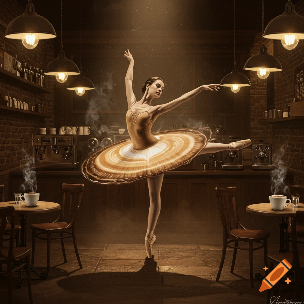 A ballerina in a coffee shop dances en pointe, her tutu crafted from swirling latte art patterns. Steaming coffee cups sit on nearby tables.
