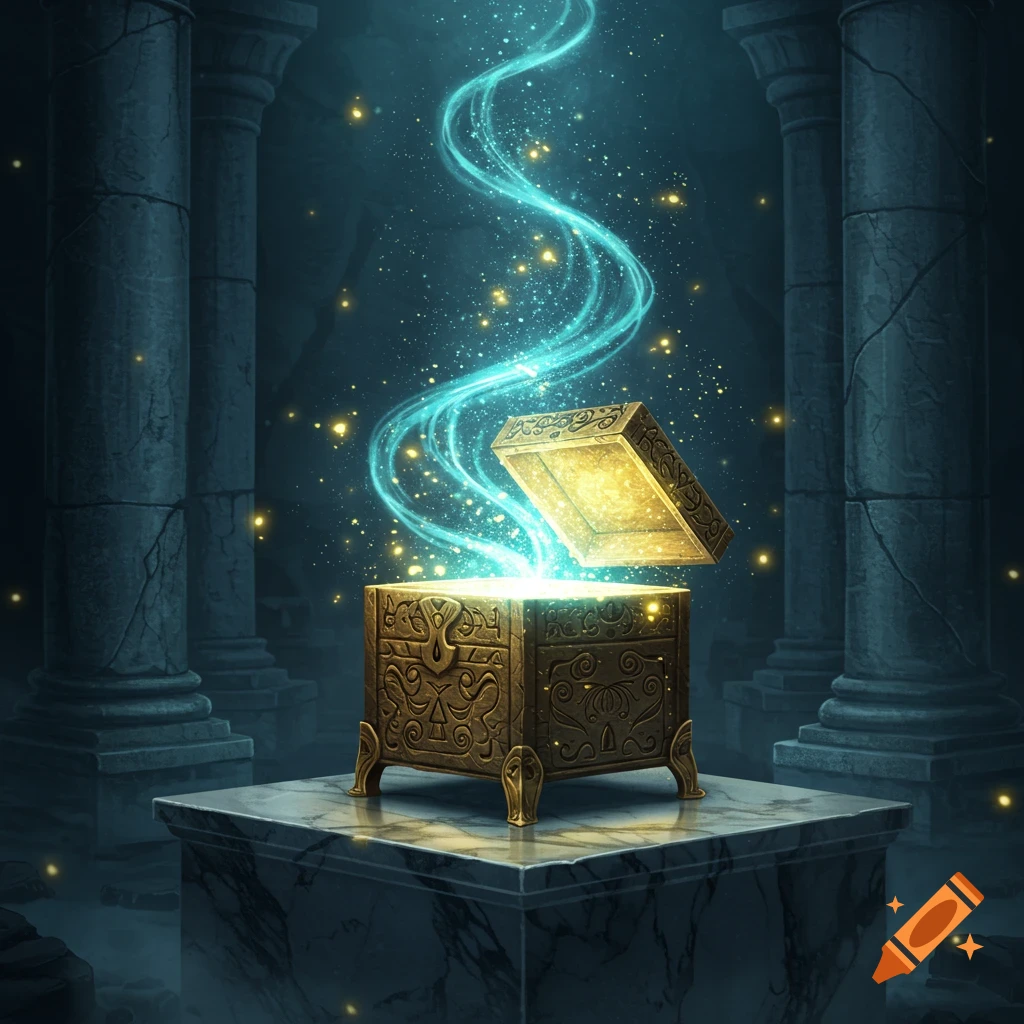 An ornate golden box glows brightly on a stone pedestal in a dark, ancient chamber with pillars, as blue mystical energy swirls upwards.