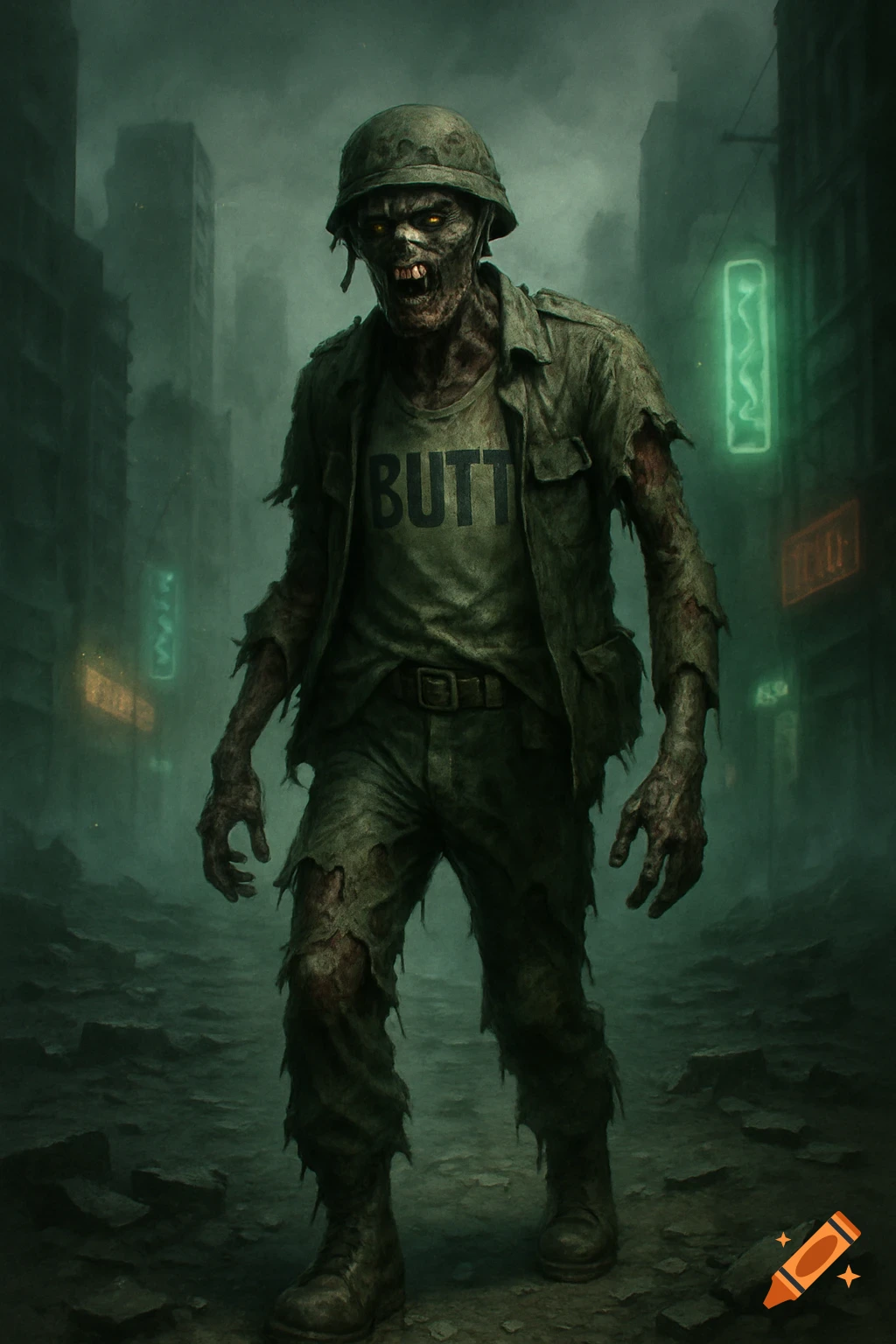 A grim zombie soldier wearing a helmet and a tattered uniform with a shirt that reads 'BUTT' stands in a dark, ruined city street under a green glow. Digital art.