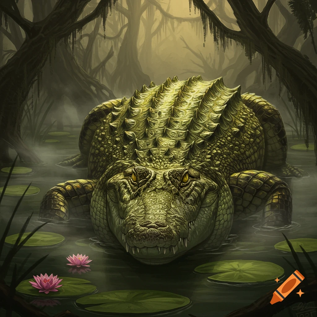 A close-up digital painting of a large, green crocodile with yellow eyes submerged in a misty swamp with lily pads and pink water lilies.