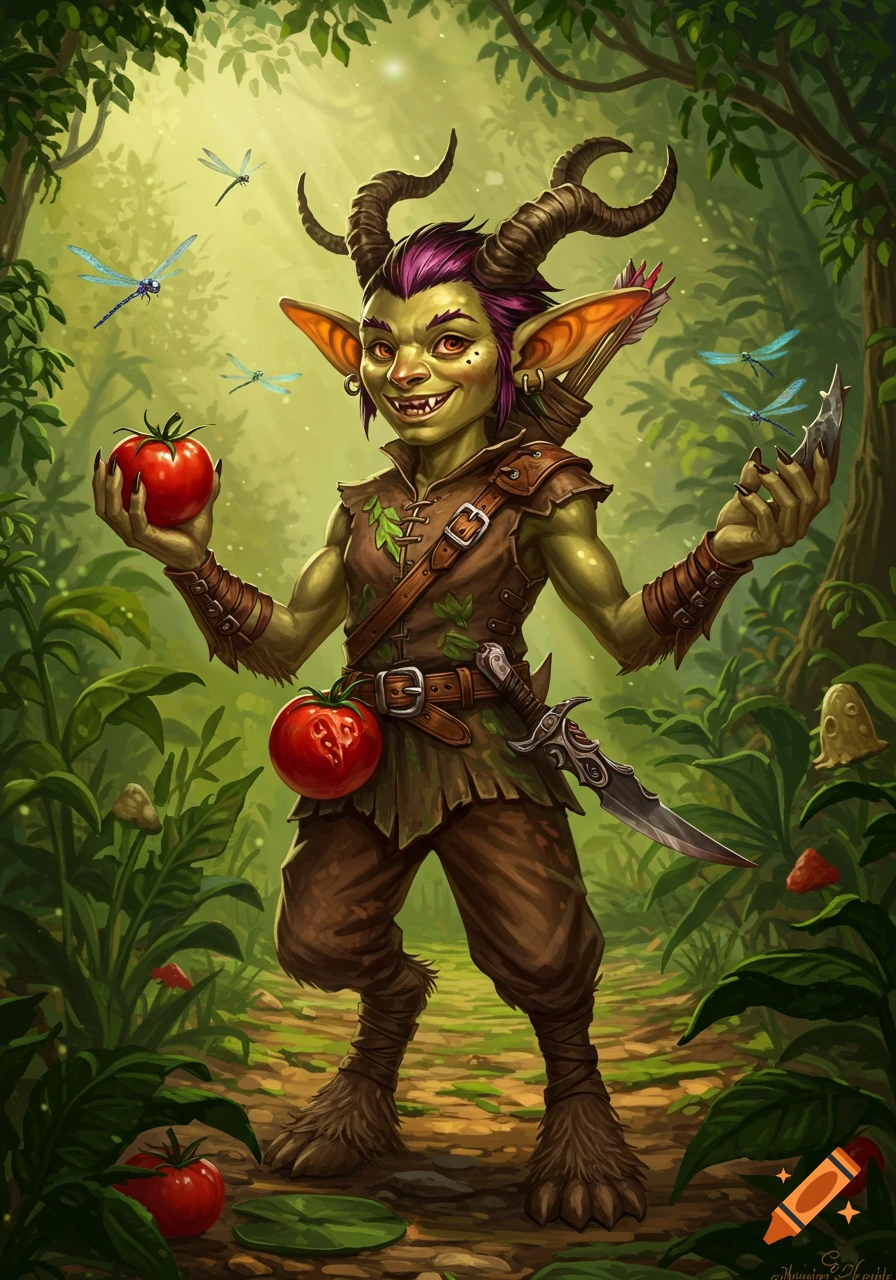 A green-skinned, horned goblin-faun character dressed as a ranger, holding a tomato and a knife in a lush forest with dragonflies.