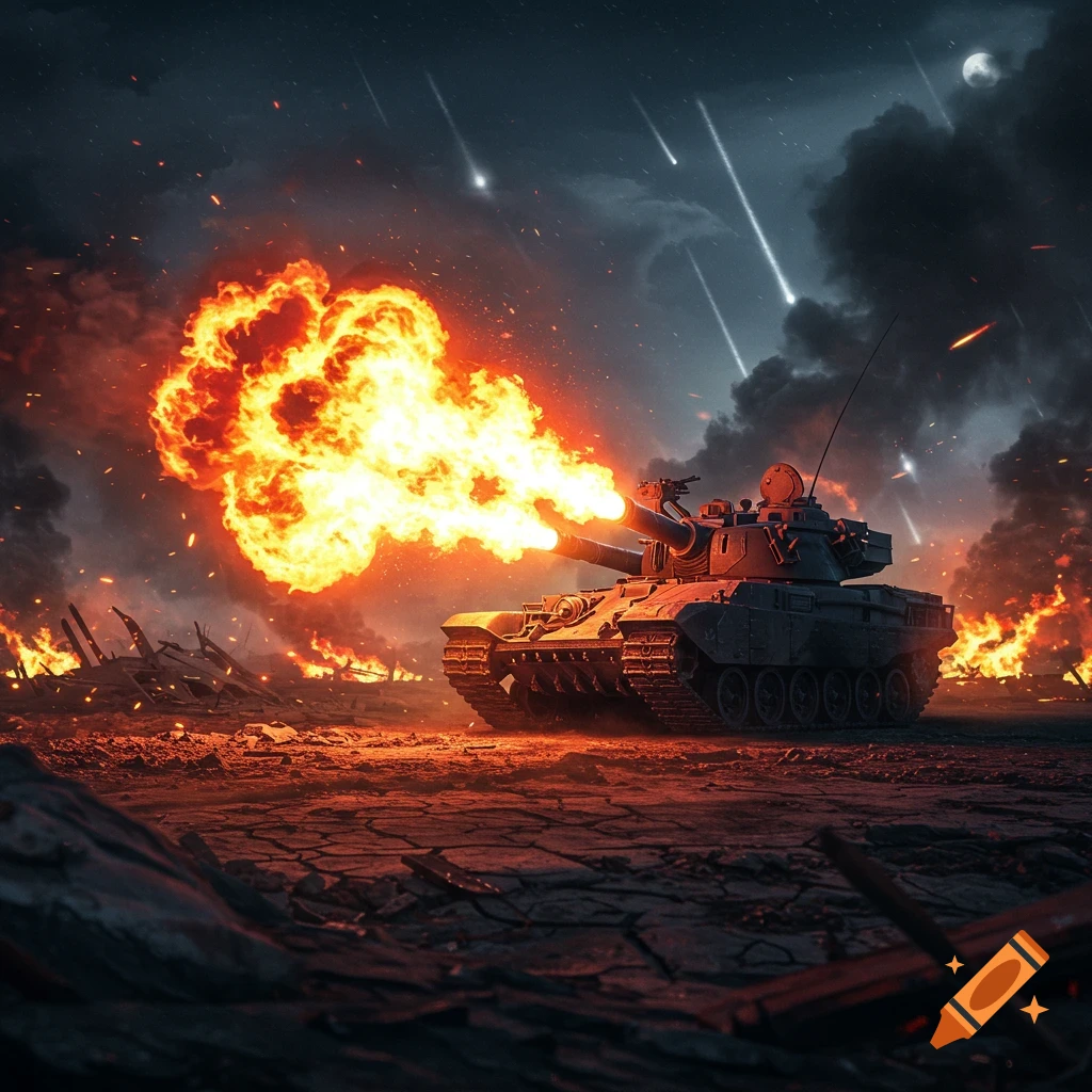 A military tank fires a huge flame blast on a dark battlefield, surrounded by burning wreckage and falling meteorites, in a photorealistic style.