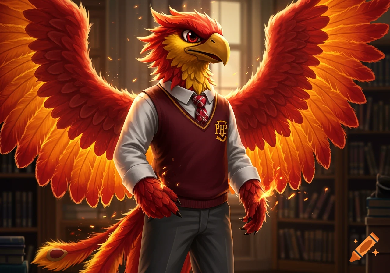 A majestic phoenix mascot with vibrant red and orange feathers, wearing a burgundy school vest with a 'PHP' logo, a white shirt, and a plaid tie, standing in a library.
