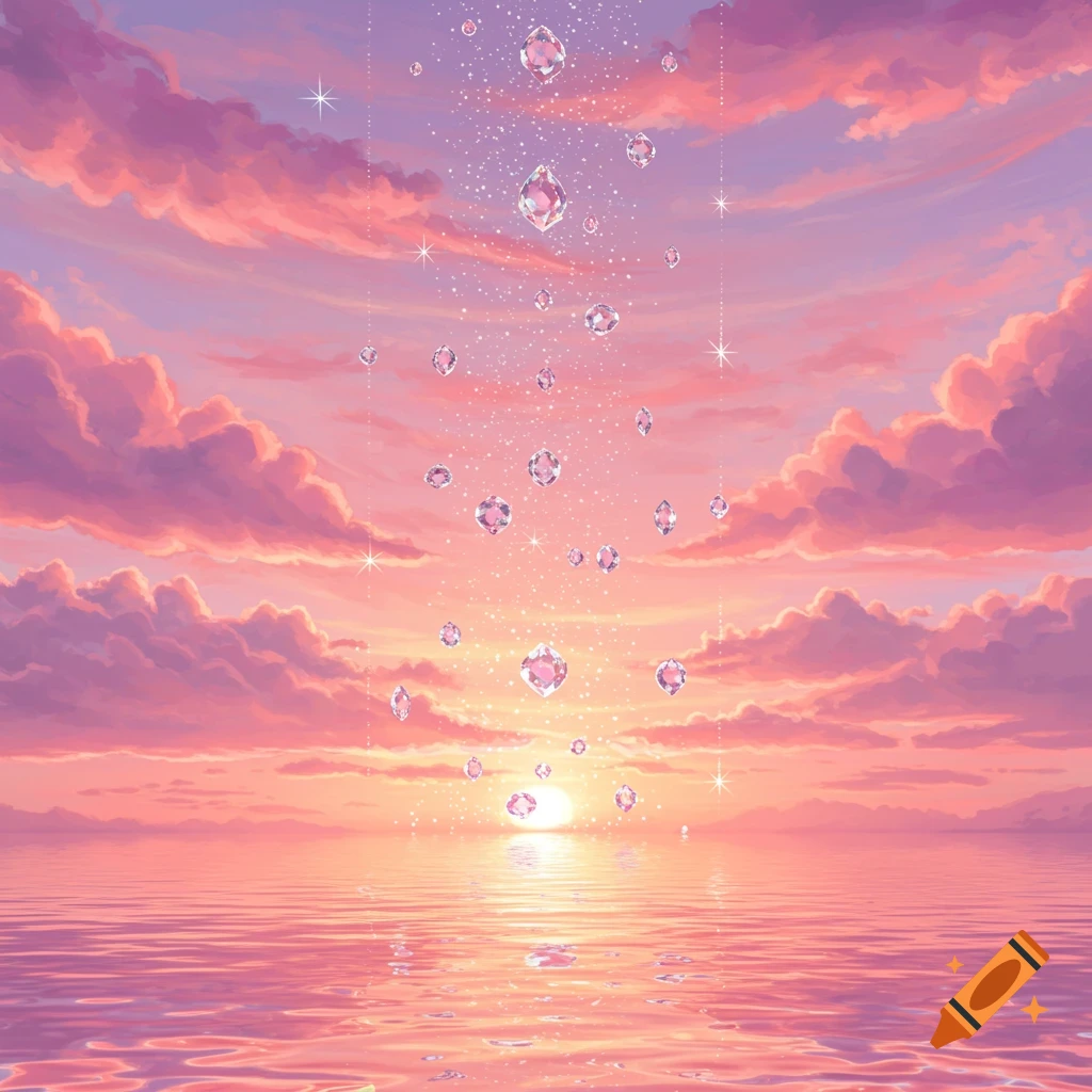 A serene scene of a pink and purple sunset or sunrise over water, with sparkling pink diamonds falling from the sky.