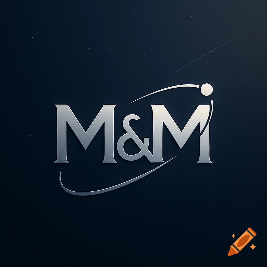 Metallic silver M&M logo with orbiting lines and a starry dark background, suggesting a space theme.