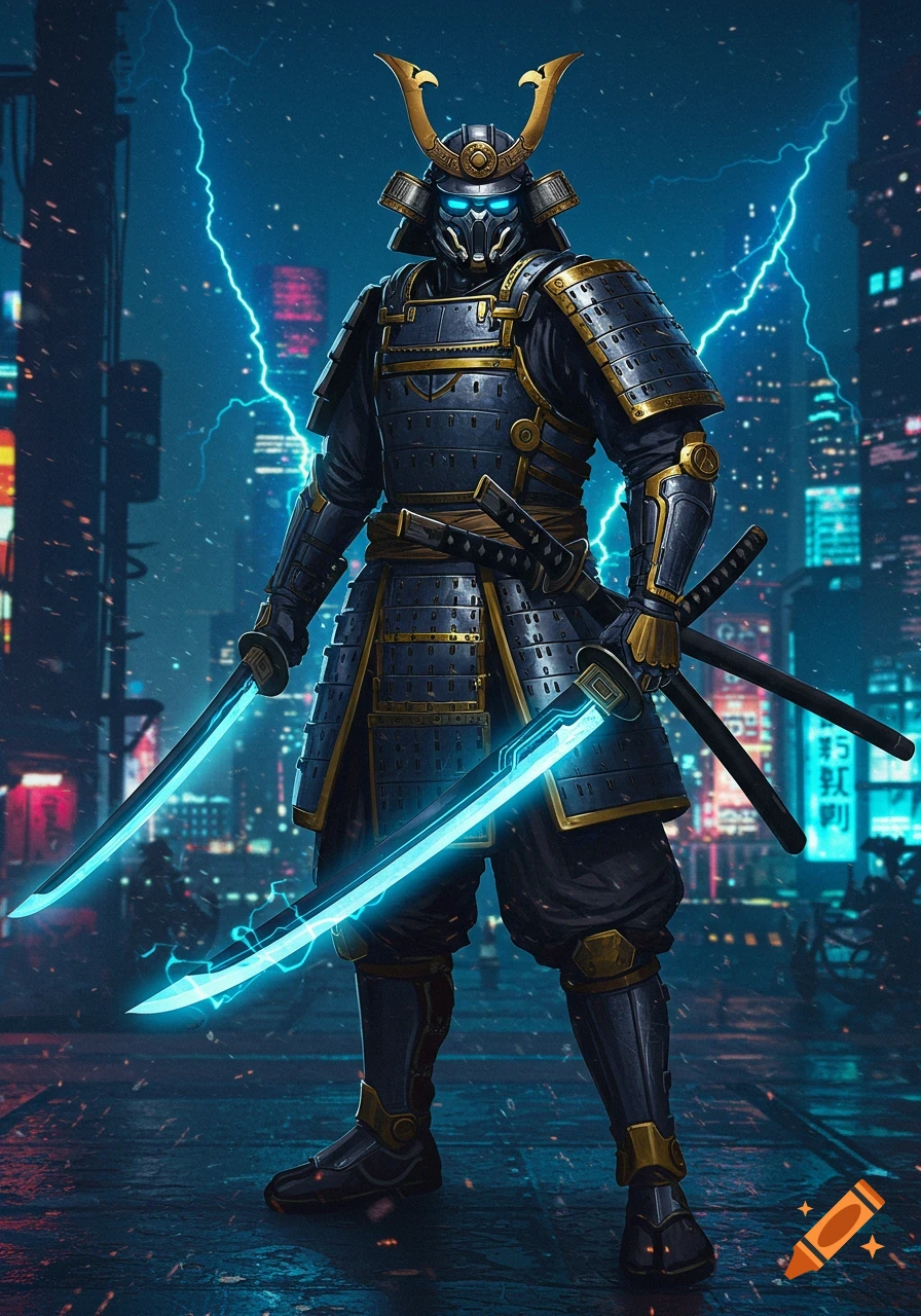 A futuristic samurai in black and gold armor with glowing blue twin katanas stands in a lightning-struck cyberpunk city.