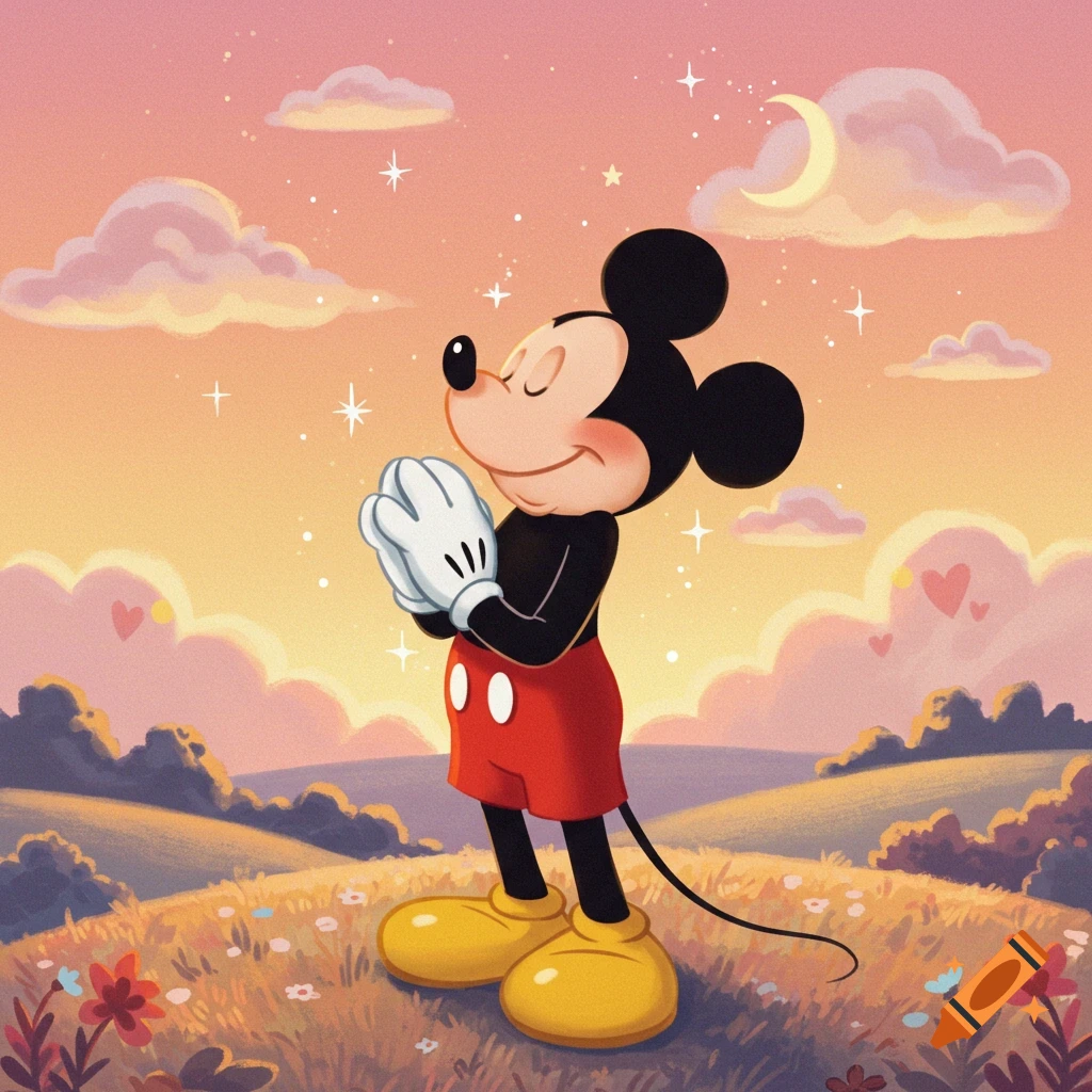 Mickey Mouse with praying hands in a whimsical field at sunset under a starry sky with a crescent moon.