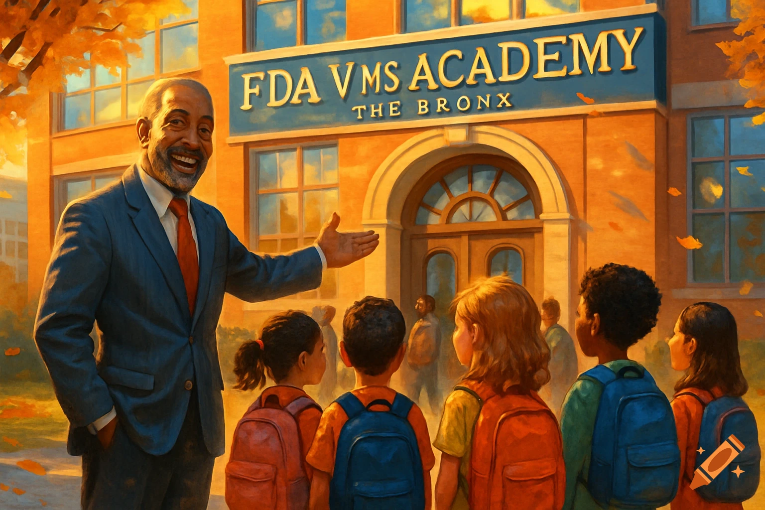 Smiling principal welcoming diverse students to FDA VMS Academy school building in a painterly style.