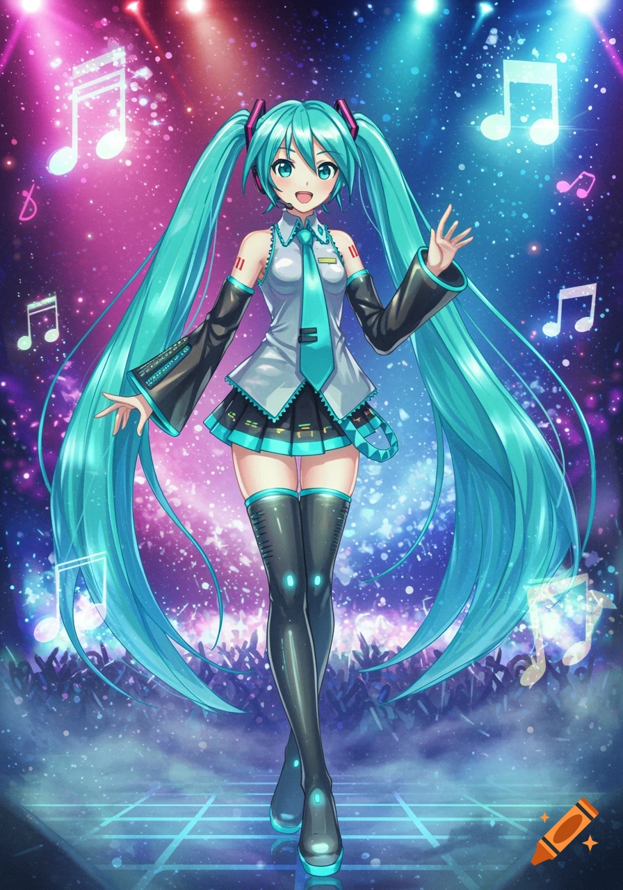 An anime character with long turquoise pigtails, Hatsune Miku, stands on a glowing stage surrounded by musical notes and spotlights.