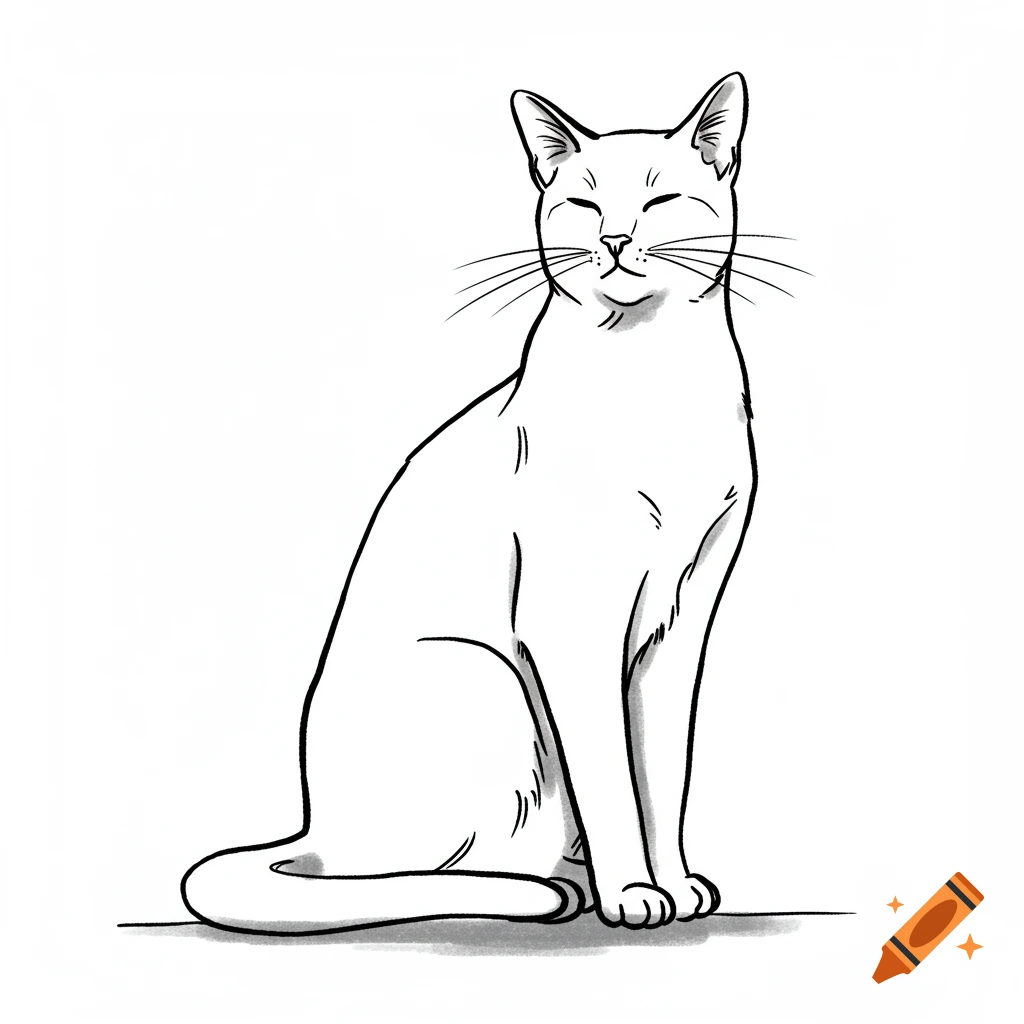 A simple black and white line drawing of a cat sitting, looking forward with closed eyes.