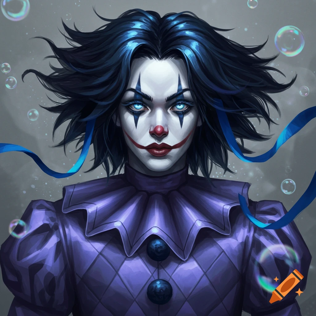 An anime-style character of a clown with dark blue hair, a white face with red and blue makeup, glowing blue eyes, and a purple ruffled costume with ribbons. Bubbles float around them.