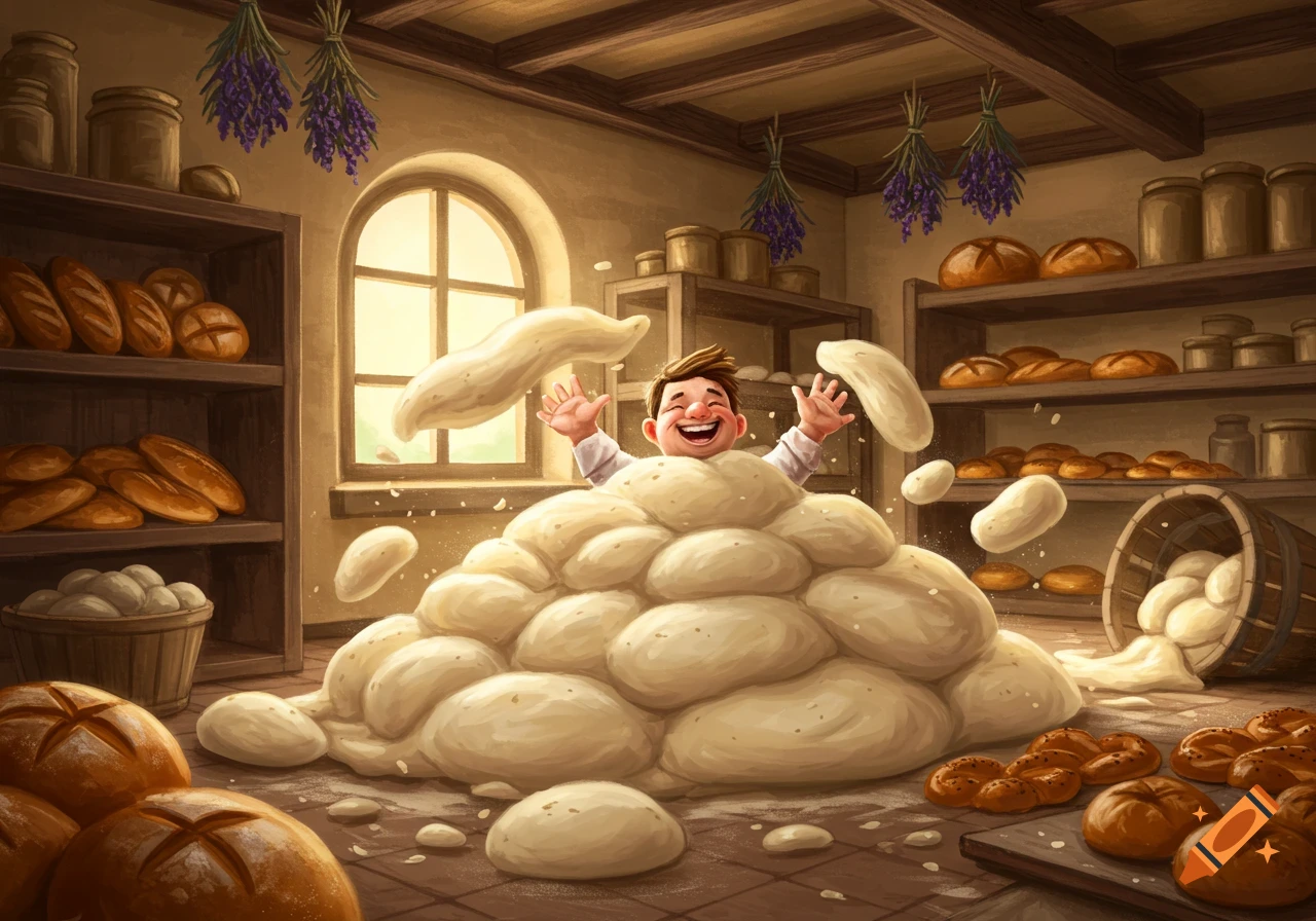 A cartoon man laughs as he emerges from a giant pile of bread dough in a rustic bakery, surrounded by fresh loaves.