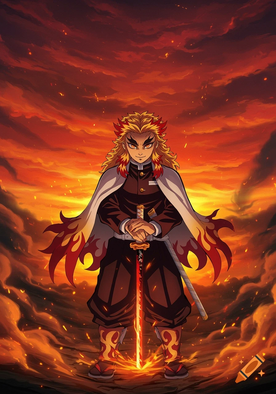 Anime character with spiky blonde and red hair, a flame-patterned cape, holding a glowing red sword against a fiery orange sky.