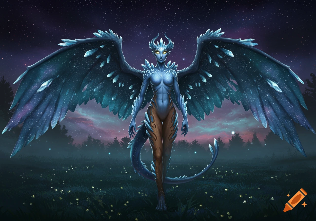 A majestic, blue-skinned humanoid creature with large, starry wings and glowing yellow eyes stands in a misty, dark field under a night sky.