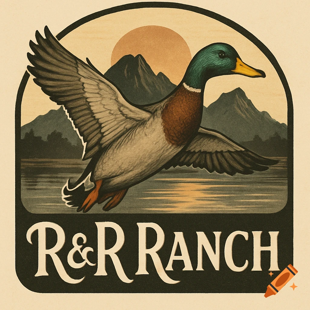 Vintage-style logo featuring a flying mallard duck over water, mountains, and a sunset, with "R&R RANCH" text below.