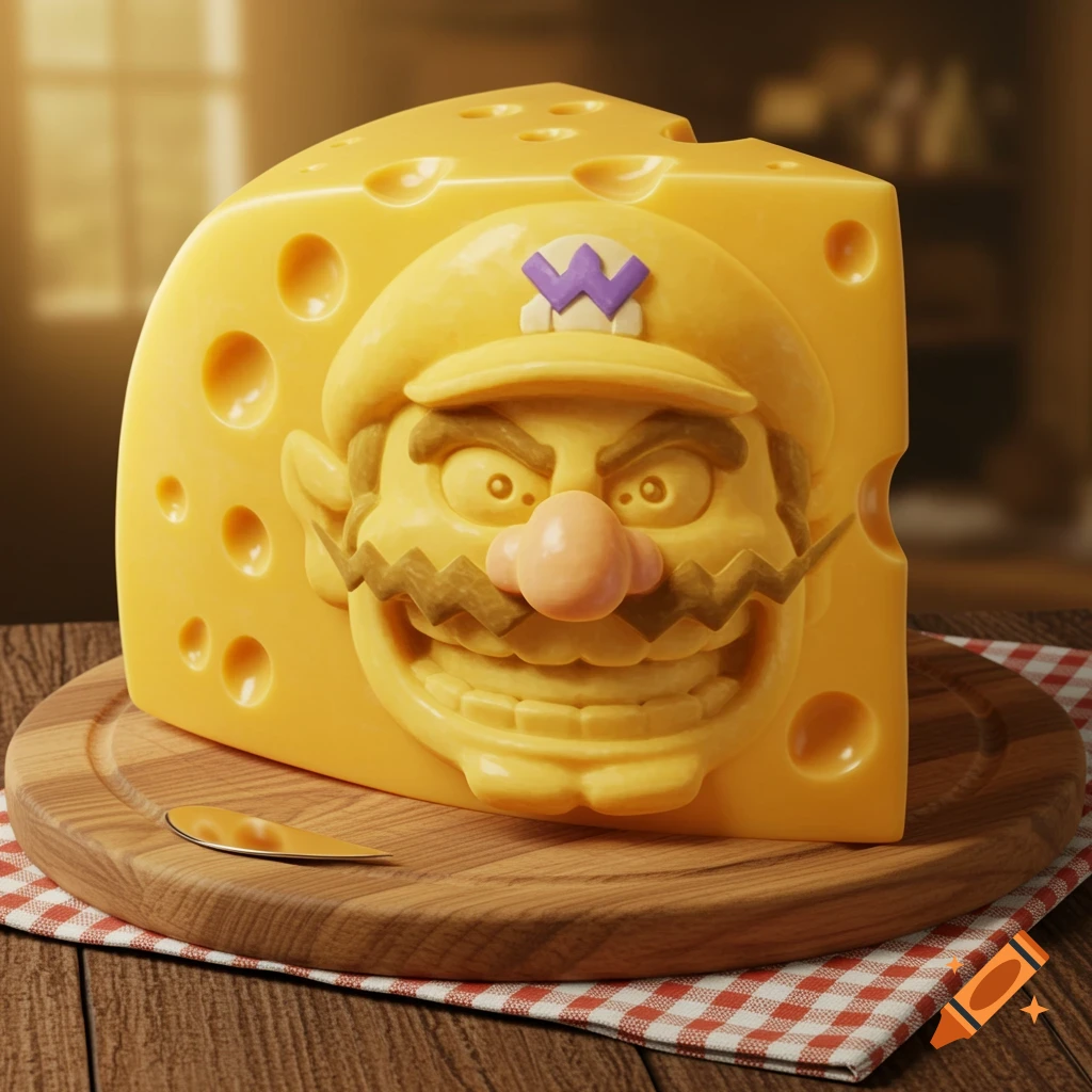 A yellow wedge of Swiss cheese featuring Wario's face carved into it, on a wooden cutting board.