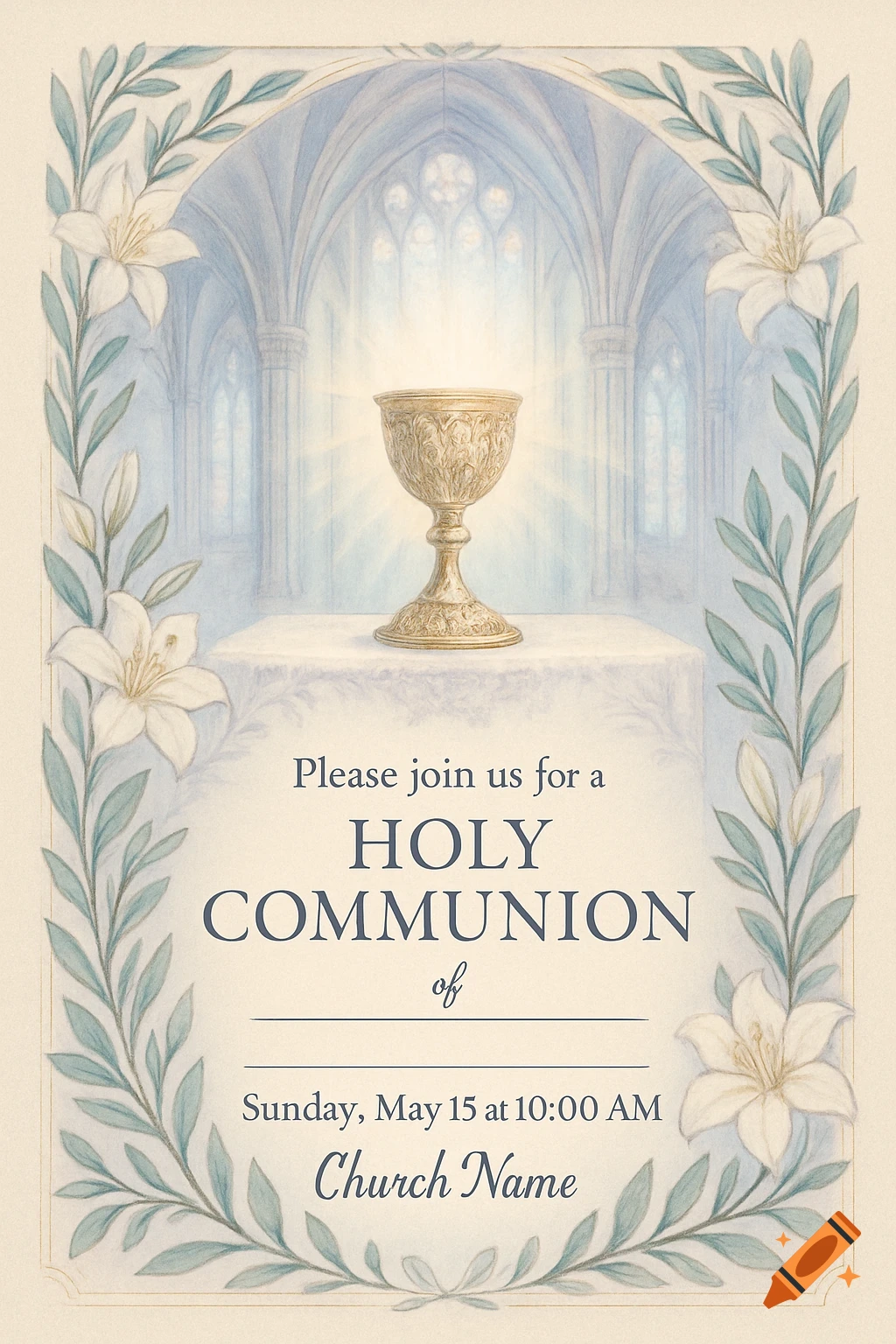 A holy communion invitation card featuring a golden chalice glowing in a church setting, framed by white lilies and green leaves, with event text.