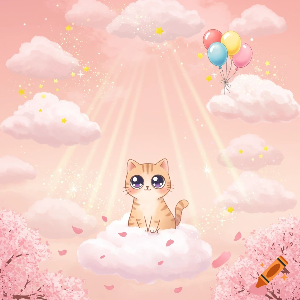 A cute cartoon cat with big eyes sits on a fluffy pink cloud surrounded by pink cherry blossoms, stars, and colorful balloons under a pastel sky.