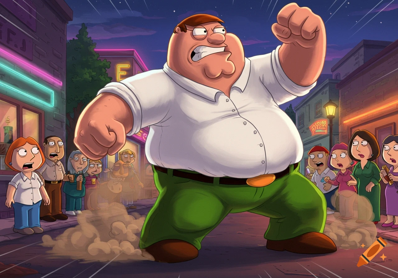Peter Griffin from Family Guy, angry and stomping on a city street at night, with shocked onlookers.