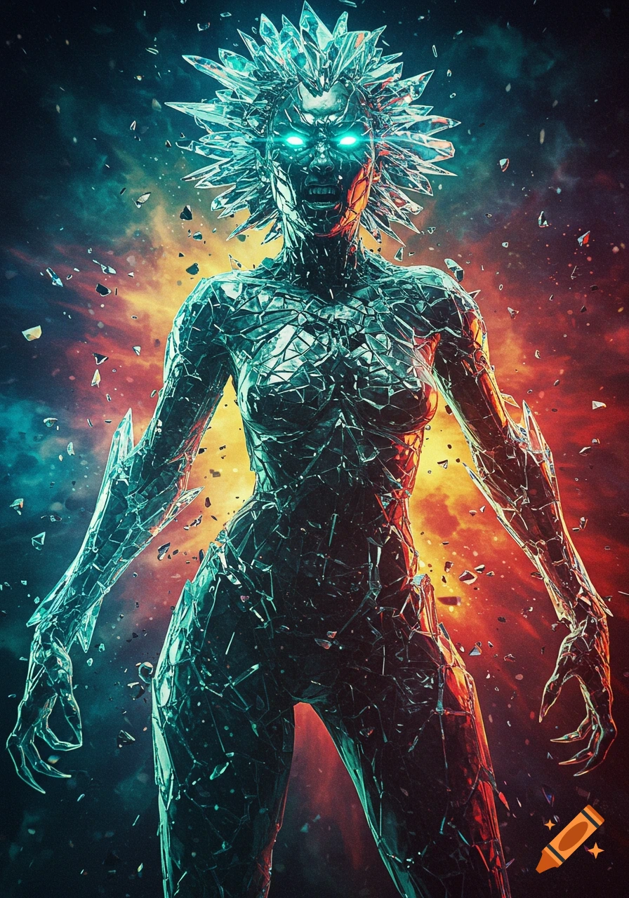 An enraged monster woman made of jagged, shattered glass with glowing eyes stands against an explosive fiery and icy background in a digital art style.