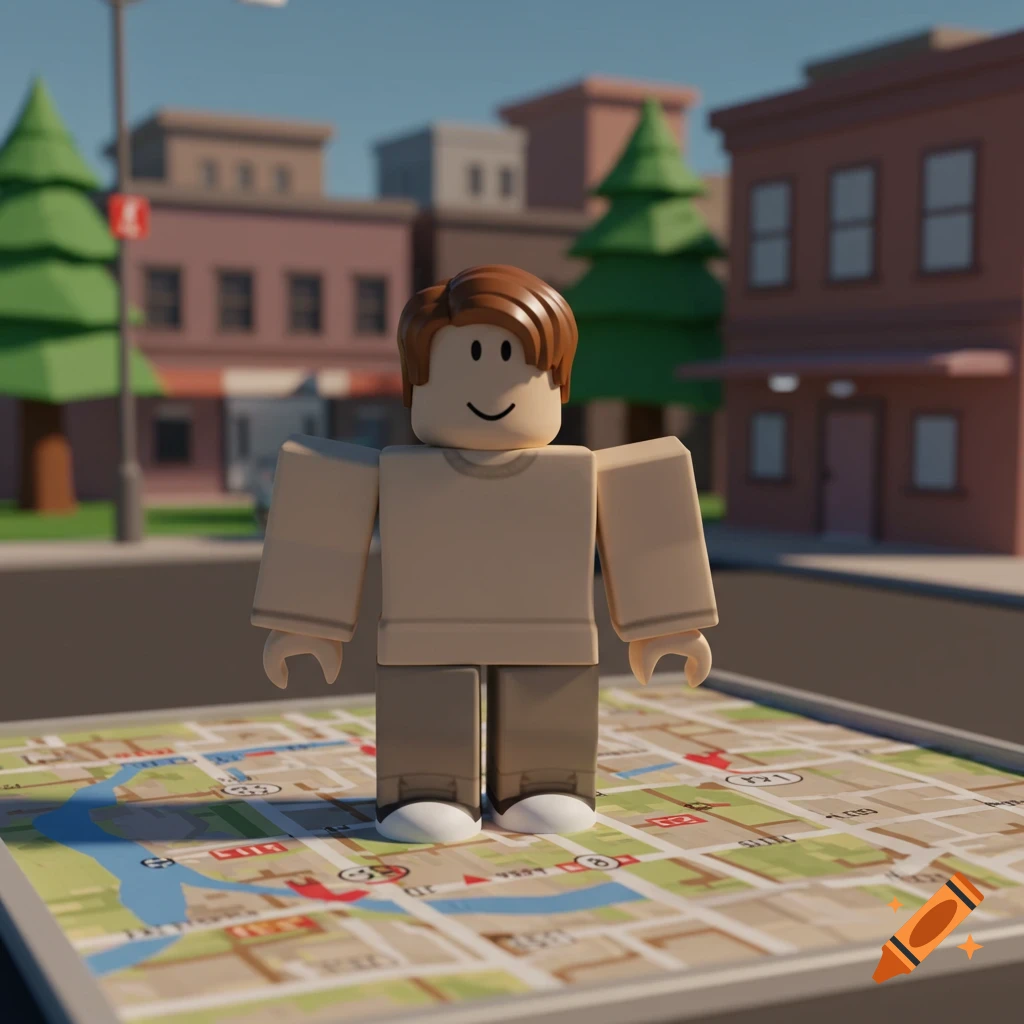 A 3D rendered Roblox character with brown hair and a beige shirt stands on a large map in a cartoonish city scene with buildings and trees.