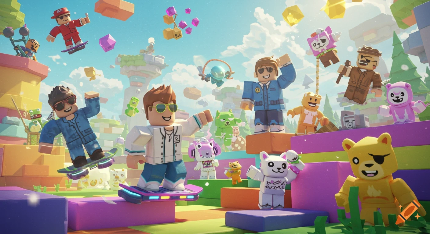 Colorful 3D render of blocky characters similar to Roblox avatars in a vibrant, playful landscape with floating blocks and geometric shapes.