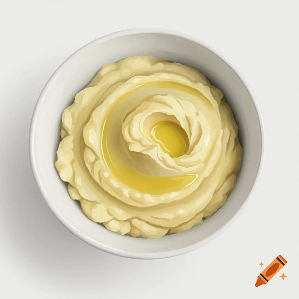 A top-down view of mashed potatoes with melted butter swirled on top in a white bowl on a white background.