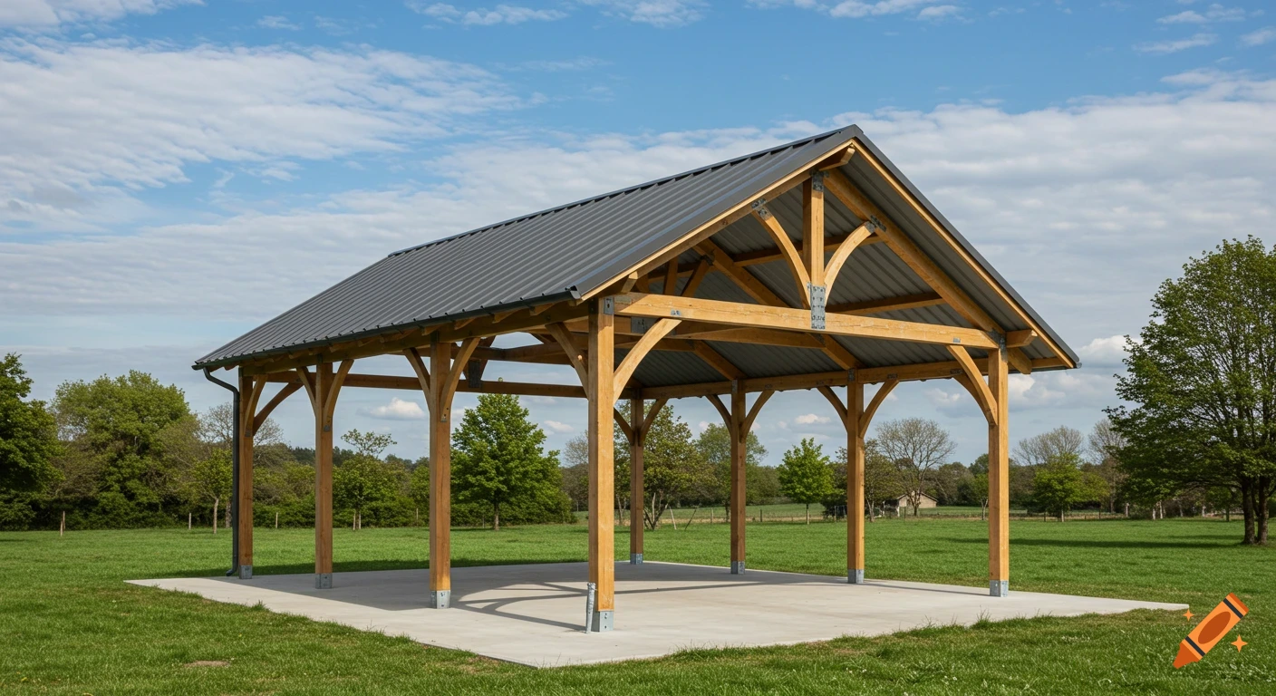 A modern wooden pavilion with a dark gray metal roof and concrete slab stands in a green field under a blue sky.