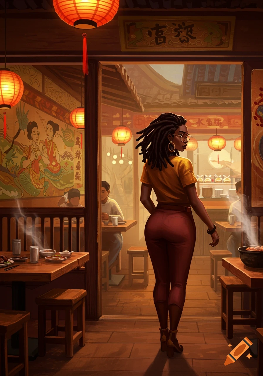 A Black woman with dreadlocks and glasses, viewed from the back, walks into a bustling Asian restaurant with red lanterns and murals.