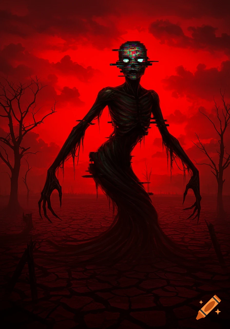 A tall, skeletal, glitching creature with glowing eyes stands in a cracked, desolate landscape under a vivid red sky, in a dark, eerie style.