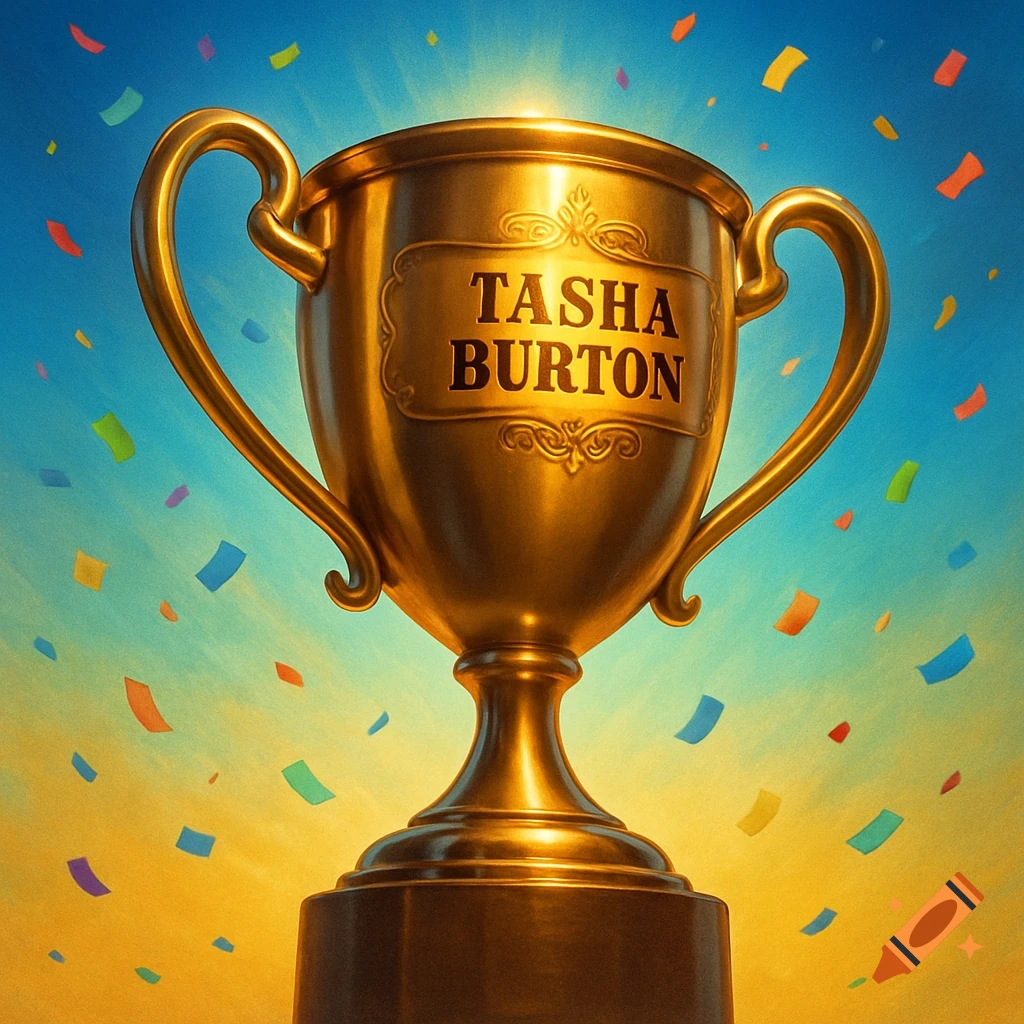 A shiny golden trophy with 'TASHA BURTON' engraved on it, set against a vibrant blue and yellow sky with colorful confetti falling.
