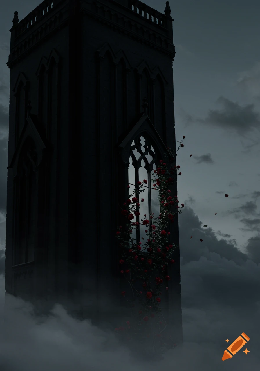 A dark gothic tower with red roses climbing up a tall, ornate window, shrouded in mist and dark clouds.
