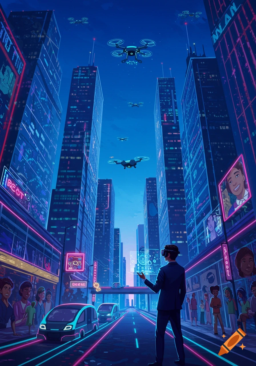 A man wearing a VR headset stands in a neon-lit futuristic city street at dusk, surrounded by tall buildings, flying drones, and sleek self-driving cars.