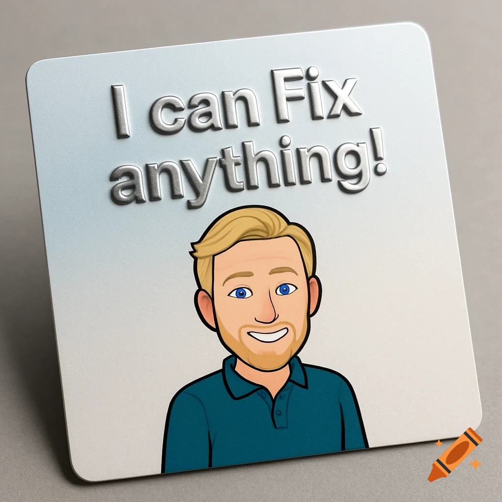 A business card with the text 'I can Fix anything!' above a smiling blonde Bitmoji man in a teal polo shirt.