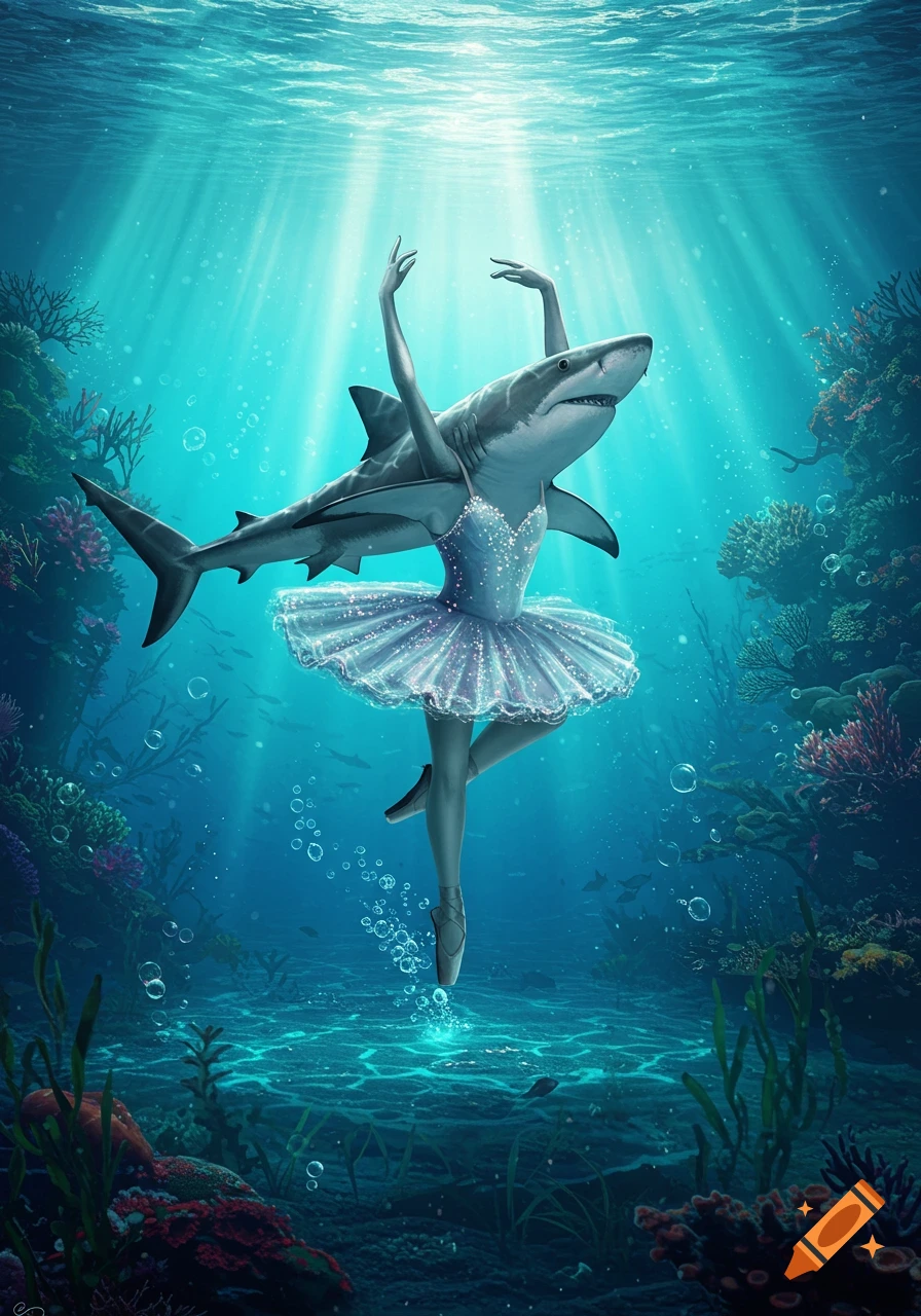 A surreal shark with human ballerina legs and arms in a light blue tutu dances gracefully underwater amidst coral reefs.