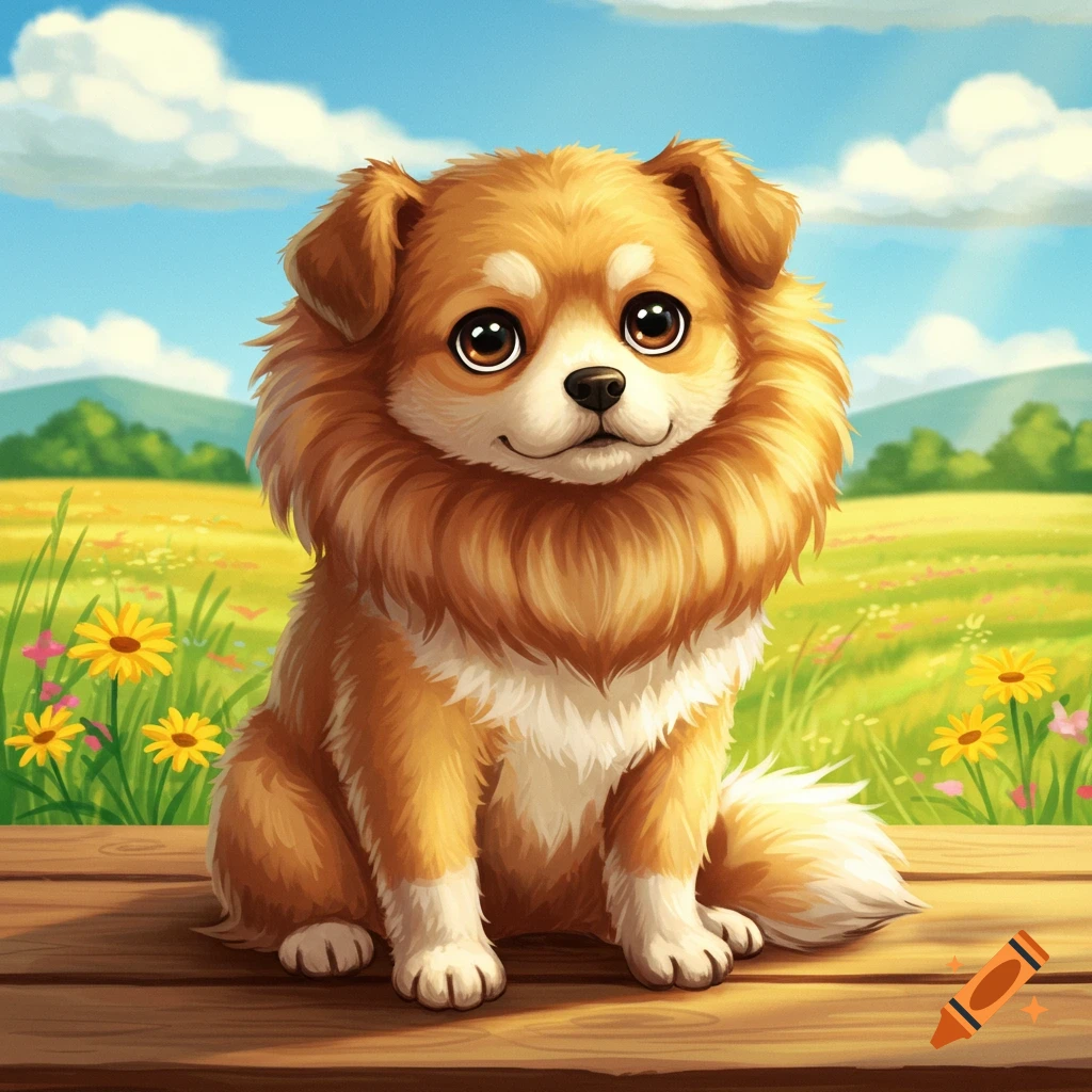 A cute, fluffy brown cartoon dog with big eyes sits on a wooden surface in a sunny field with yellow flowers under a blue sky.