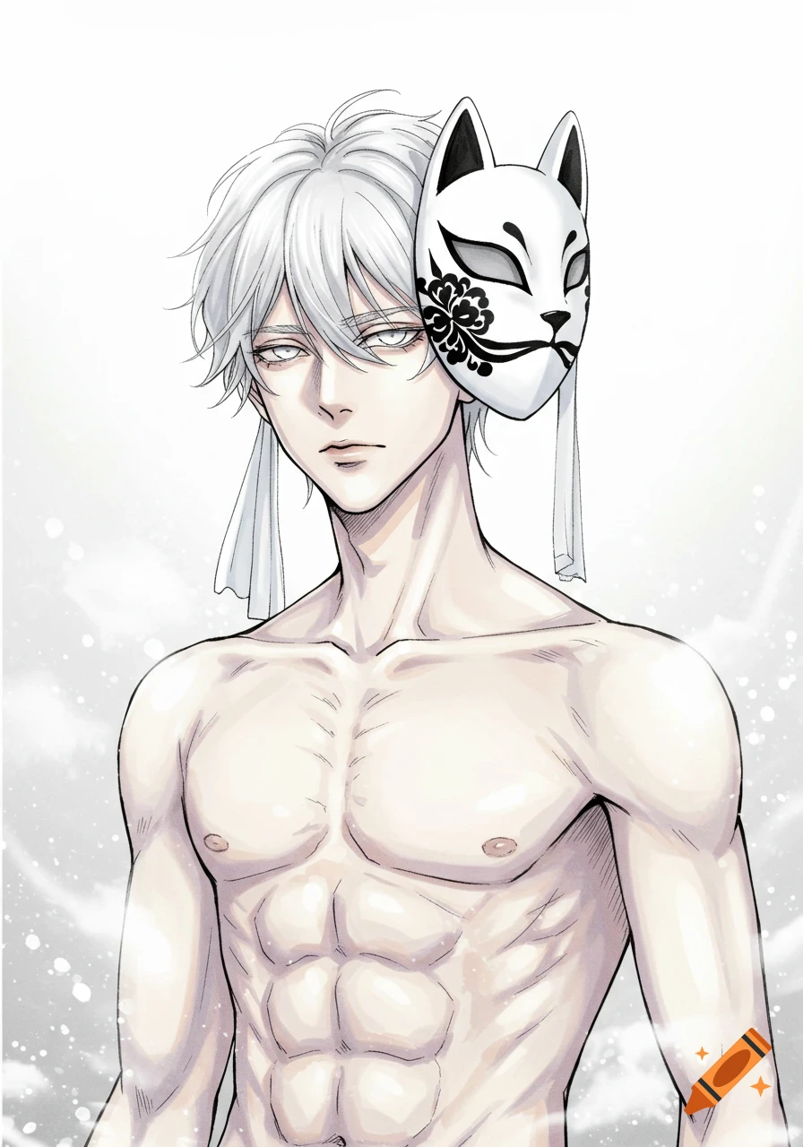 Anime-style male character with white hair, pale shredded body, and a white fox mask with black floral design.