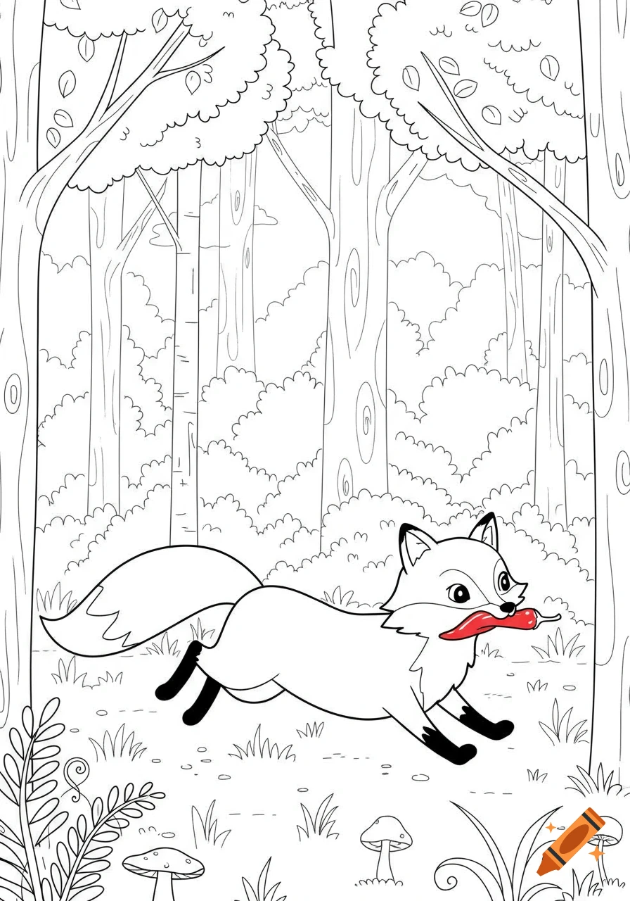 A black and white line art image of a cute fox running in a forest, holding a red pepper in its mouth, in a coloring book style.