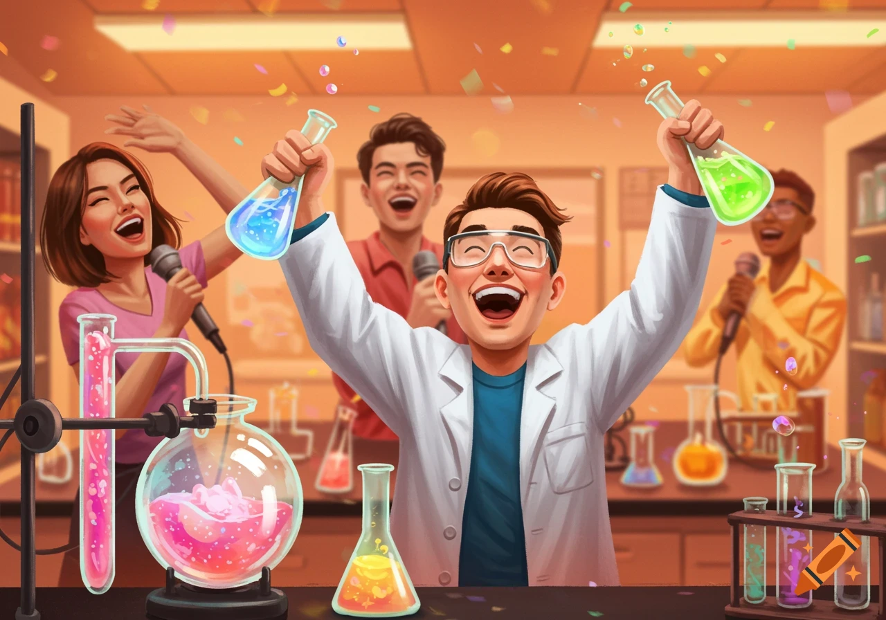 Ecstatic scientists celebrate in a colorful lab with beakers and confetti, in an illustrative style.