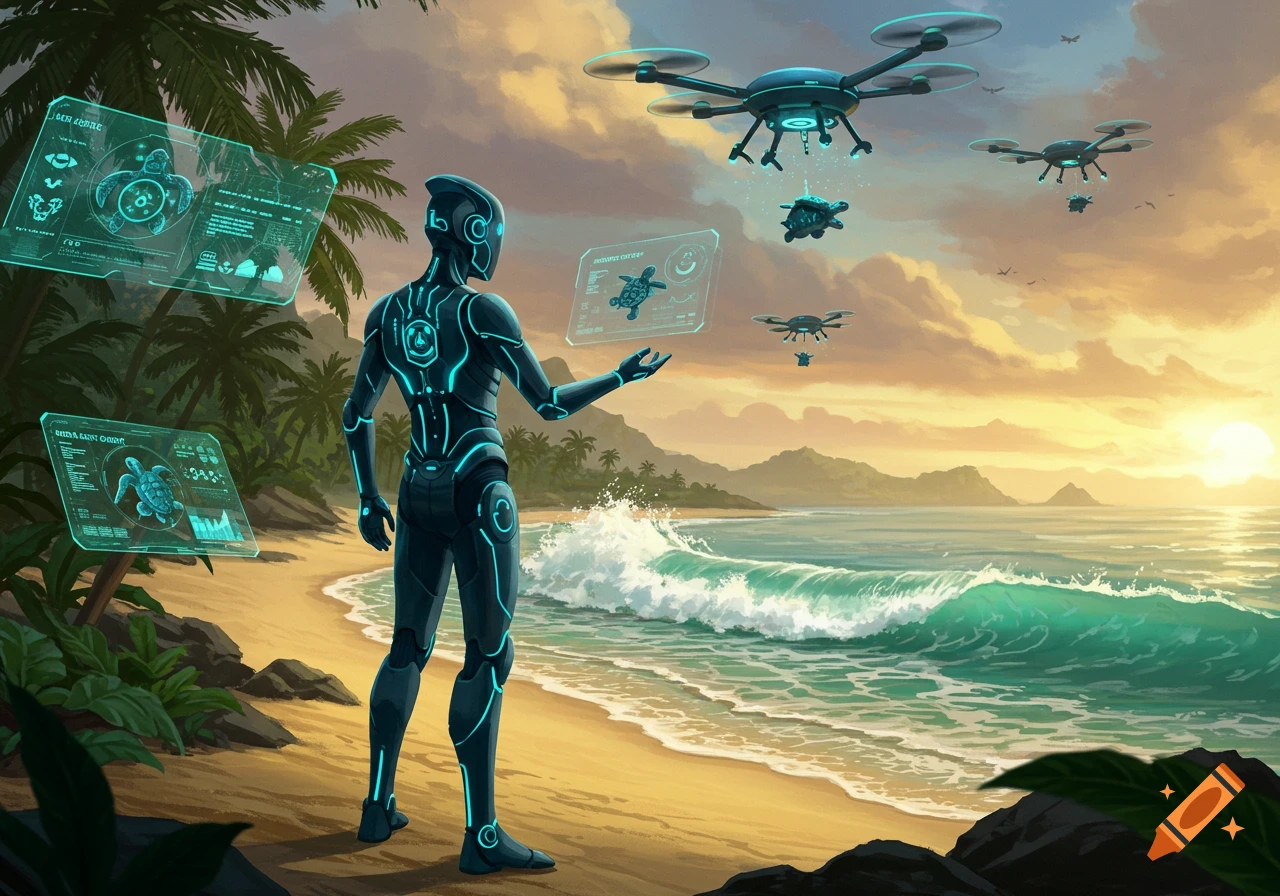 A futuristic robot on a tropical beach views holographic data screens about sea turtles, with drones flying overhead.