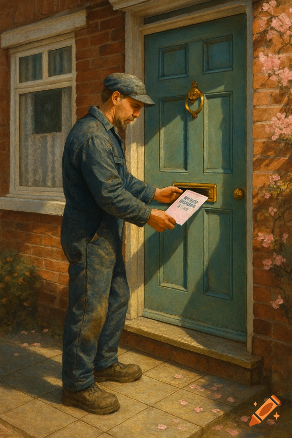A tradesman in work clothes puts a pink card into the letterbox of a brick house with a blue door, in a painterly style.